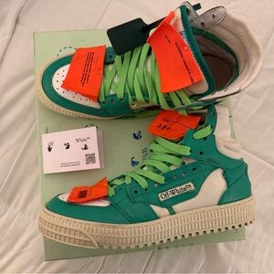 Off-White Kids Green and White Sneakers with Orange Accents